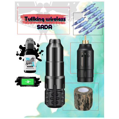 Rotačná tetovacia sada Tuffking Mini II s dobíjacím adaptérom a tetovacou farbou World Famous Obsidian Outling 30 ml