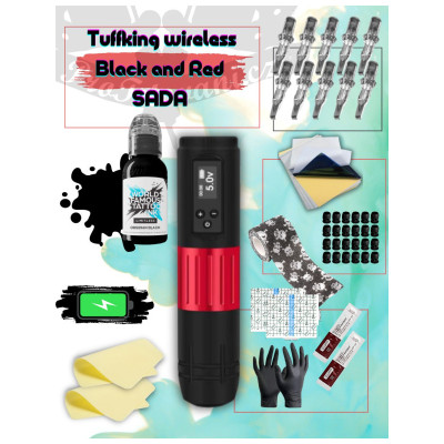 Rotačná tetovacia sada Tuffking Wireless Black and Red s tetovacou farbou World Famous Obsidian Outling 30 ml